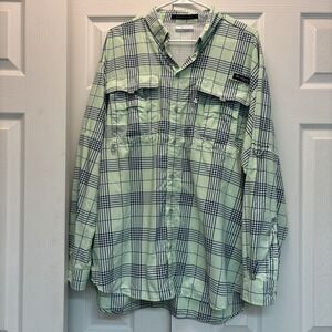 Columbia PFG Super Bahama Men's Large Button Down Lime Green Plaid Long Sleeve